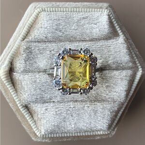 Art Deco 3 CT Citrine 2.5 CTW Diamond 14K WG Ring